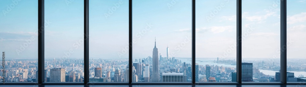 Fototapeta premium A panoramic view of a city skyline through large glass windows, showcasing modern architecture under a clear blue sky.