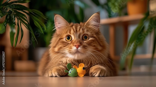 Playful Cat Engaged with Colorful Toy in Brightly Lit Room Emphasizing Whimsical Nature and Joyful Companionship of Feline Friends at Home photo