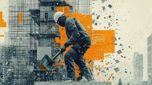 Create a hero image for a marketing agency focused on the construction industry. Show a close-up of a construction worker on a busy building site, 