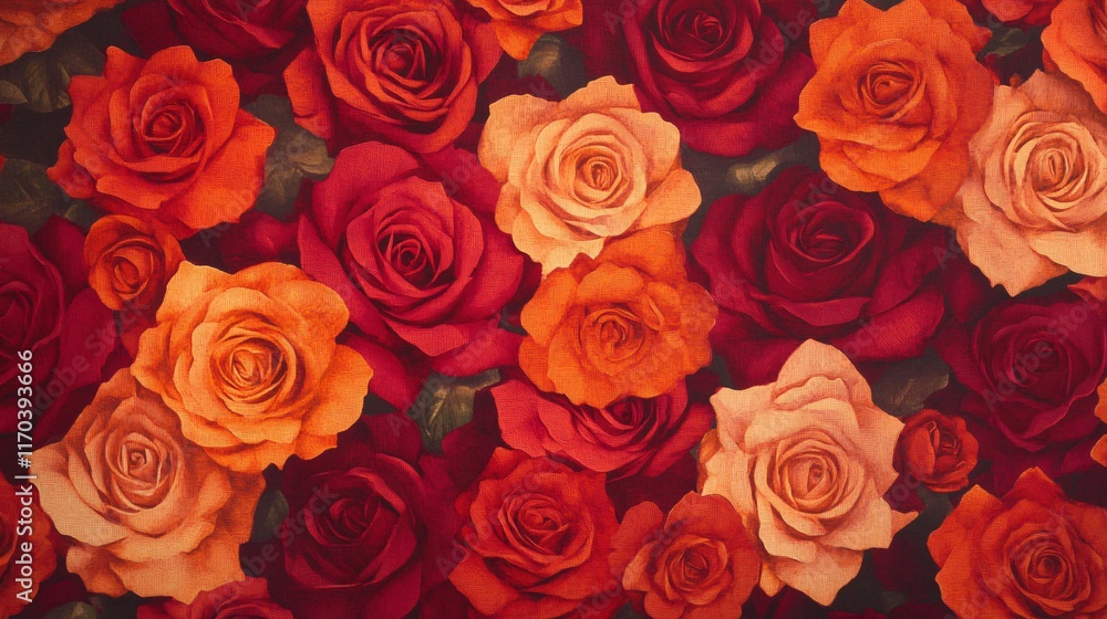 A vibrant arrangement of colorful roses in shades of red, orange, and cream, creating a romantic and lively atmosphere. A vibrant arrangement of colorful roses in shades of red, orange, and cream, creating a romantic and lively atmosphere.