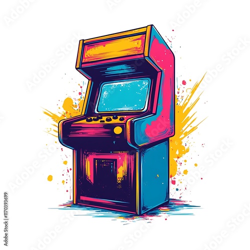 A colorful retro arcade game machine with vibrant splashes of paint.