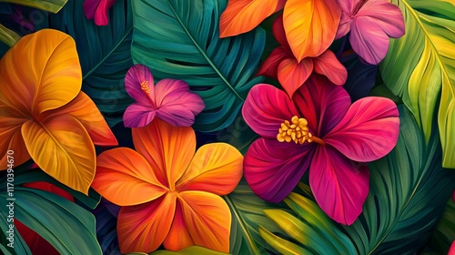 Wallpaper Mural Vibrant tropical flowers in vivid colors create a lush, exotic background. Torontodigital.ca