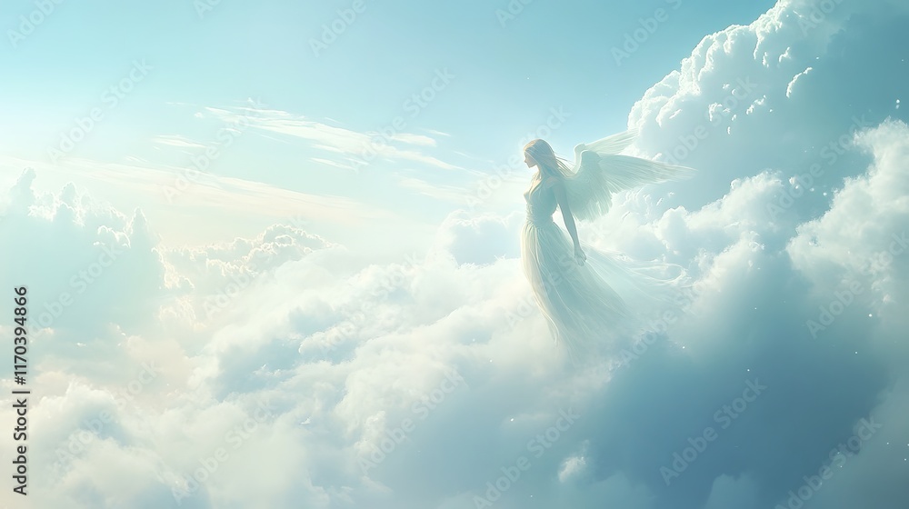 Angelic Woman Soaring Through Heavenly Clouds Angelic Woman Soaring Through Heavenly Clouds
