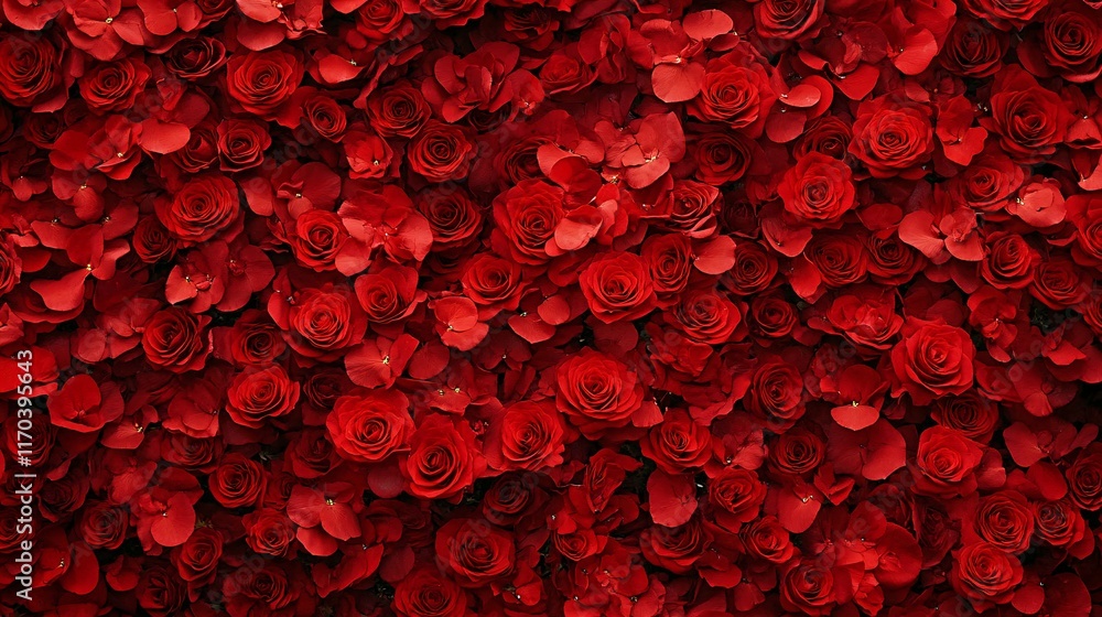 A vibrant display of red roses and petals, creating a romantic and lush floral backdrop. A vibrant display of red roses and petals, creating a romantic and lush floral backdrop.
