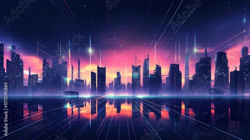 Cyberpunk Abstract Cityscape with Glowing Neon Skyline and Futuristic Grid Patterns