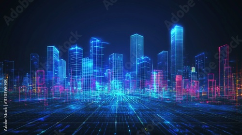 Cyberpunk Abstract Cityscape with Glowing Neon Skyline and Futuristic Grid Patterns