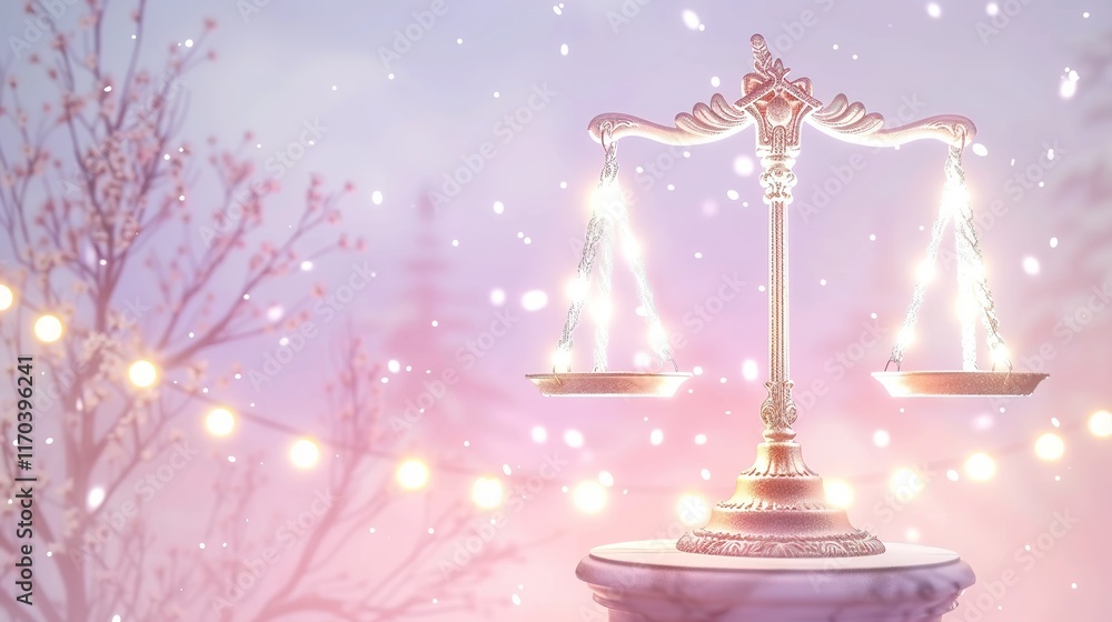 Glowing scale of justice balanced on a marble pedestal, symbolizing fairness, equality, and legal justice in a modern and professional setting. Glowing scale of justice balanced on a marble pedestal, symbolizing fairness, equality, and legal justice in a modern and professional setting.