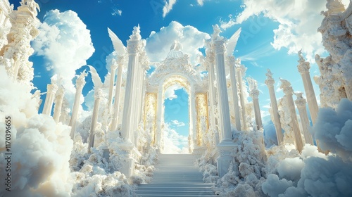 heaven fully with clouds around like a vignette, everywhere white angle sculptures around make music and creating like magic materialization  photo