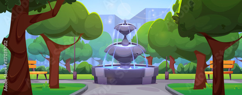Cartoon city park scene with central stone fountain featuring glowing blue water streams, surrounded by lush trees, wooden benches and landscaped paths. Background of modern multistorey buildings.