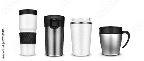 Tumbler cup mockup collection with stainless steel and white metallic designs. Various travel beverage containers with different handles, lids and heat protection bands. Reusable drink carriers.