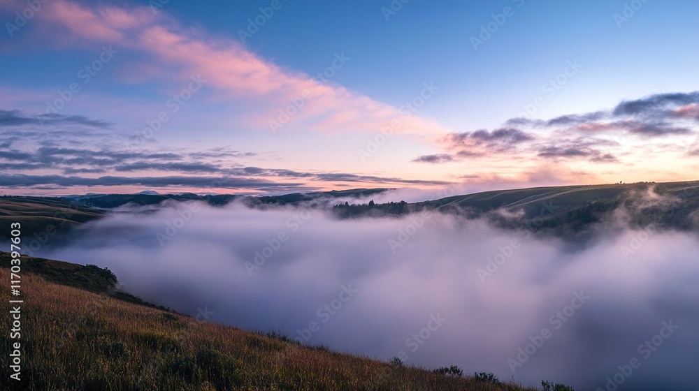 Fototapeta premium Misty Sunrise Landscape: Serene Valley Panorama