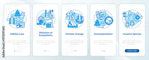 Major causes of biodiversity loss blue onboarding mobile app screen. Walkthrough 5 steps editable instructions with linear concepts. UI, UX, GUI template. Montserrat SemiBold, Regular fonts used
