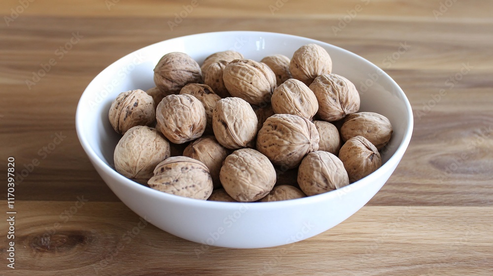A white bowl filled with brown walnuts sits on a wooden surface. A white bowl filled with brown walnuts sits on a wooden surface.