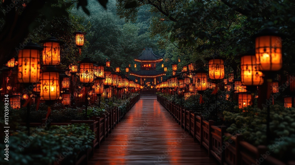 Fototapeta premium Long Wooden Walkway Leading into Tranquil Forest Surrounded by Lush Greenery Inviting Visitors to Explore Nature and Experience Peaceful Retreats