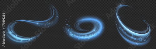 Luminous bubble swirl effects in blue color with transparent spheres along curved paths. Glowing spiral trails with floating orbs. Magical underwater fantasy whirlpool elements with detergent foam.