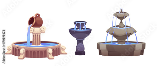 Cartoon fountain collection with varied designs - classical jug on column with ornate base, minimalist structure, tiered stone composition with arcing water streams. Decorative water garden assets.