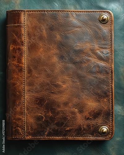 Classic brown leather portfolio with textured surface and brass snaps