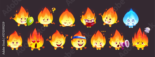 Cute flame mascot emotions and actions set - fiery character brave with shield, confused and sleeping, reading book, with happy and upset expressions. Kawaii burning personage displaying feelings.
