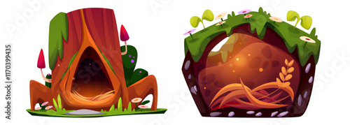 Forest animal houses set isolated on white background. Vector cartoon illustration of tree hole house, underground burrow with nest and sunlight, green grass, flowers and mushrooms, wildlife habitat