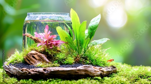 Miniature aquatic terrarium with plants, fish, and wood on moss. photo