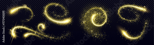 Gold glitter spiral collection with bright sparkle trails and magical stardust effects. Luminous curved paths with twinkling particles and radiant swirls for holiday decoration or enchanting design.