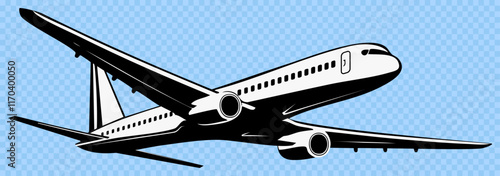 Stylized Airplane Flying with Bold Black and White Art