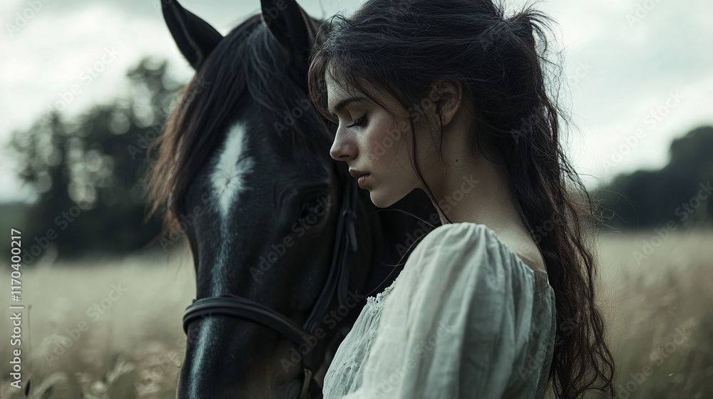 Obraz premium A serene young woman in a pale dress gently leans against a black horse in a tranquil field, capturing a moment of connection.