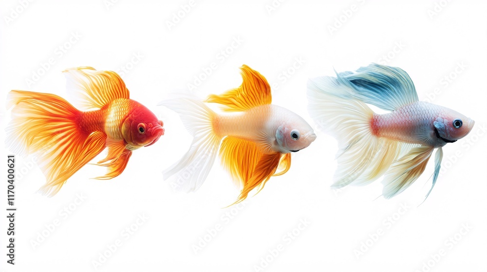 Fototapeta premium Three beautifully colored goldfish swimming gracefully against a white background.