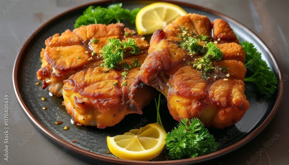 Delicious Breaded Fried Schnitzel with Fresh Lemon and Garnish on Stylish Plate Delicious Breaded Fried Schnitzel with Fresh Lemon and Garnish on Stylish Plate