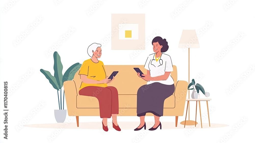 Fototapeta premium Photo of elderly woman on sofa with nurse caring for elderly, support, home care, health care and advice via mobile app.