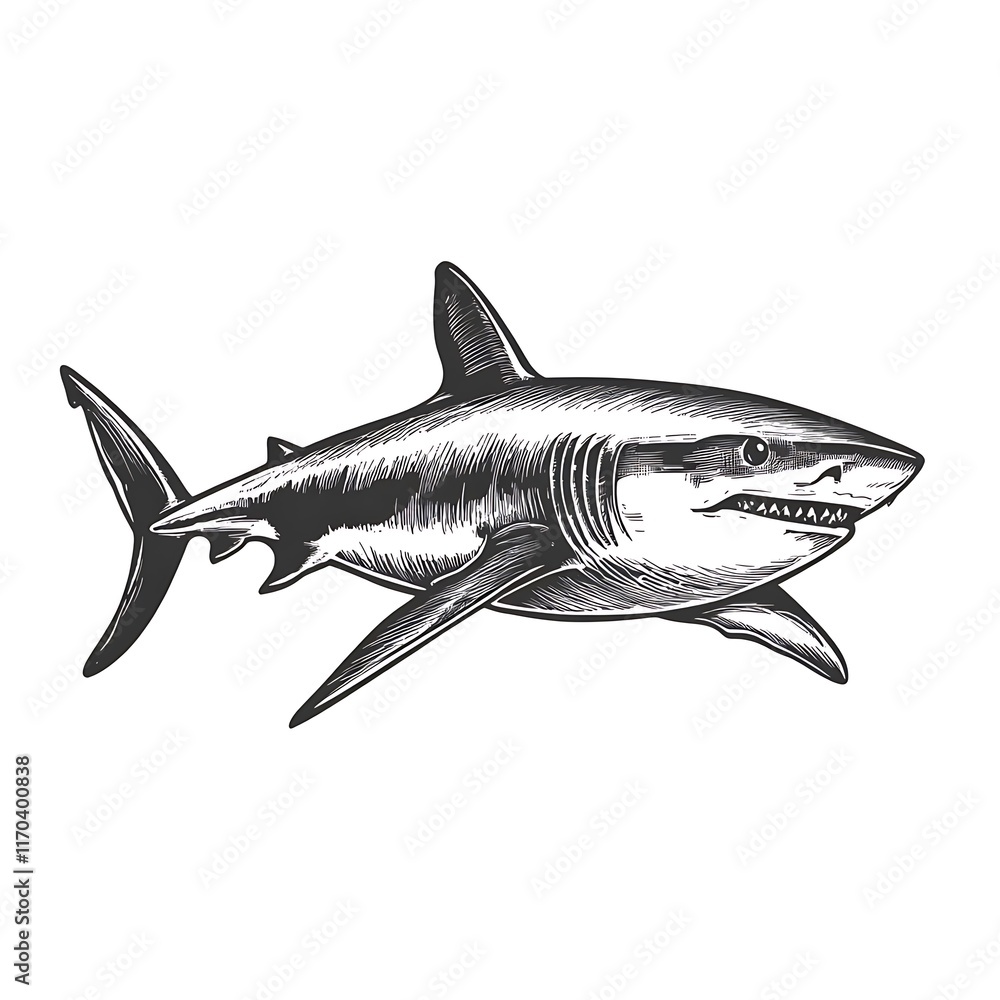 Fototapeta premium Illustration of a shark in a detailed, vintage style.