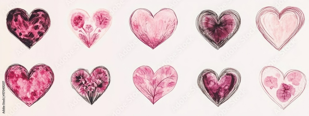Hand drawn pink heart shape photo set on white background. Hand drawn pink heart shape photo set on white background.