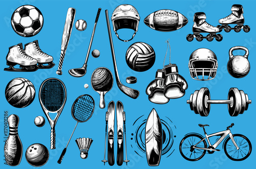 Black and white drawing featuring various sports equipment