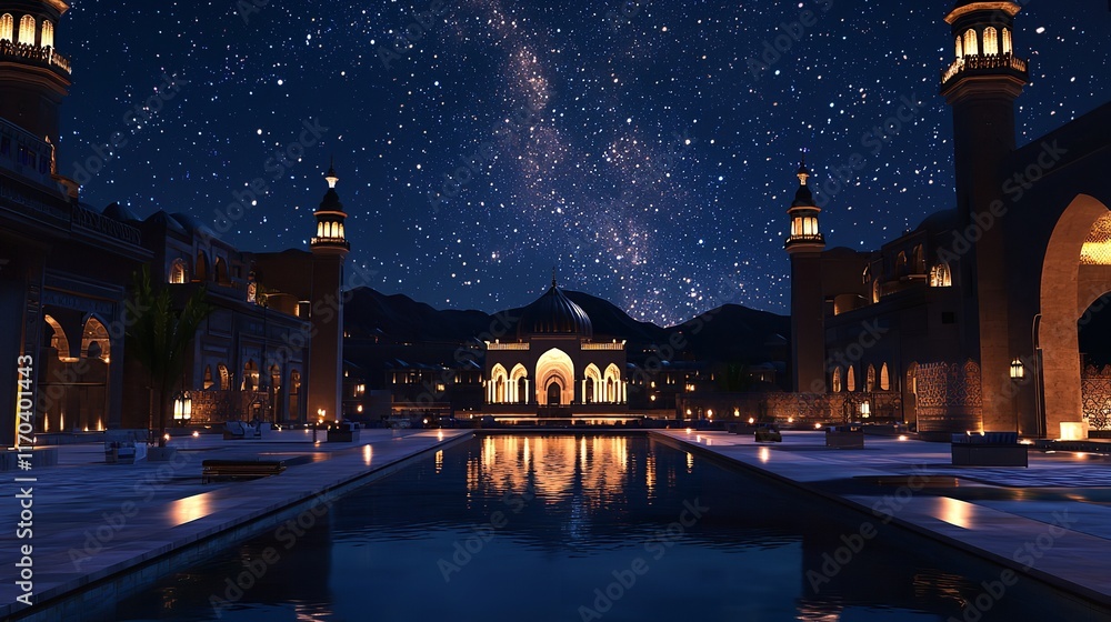 Obraz premium Breathtaking mosque illuminated at night, showcasing intricate architectural details under a starry sky during Ramadan celebrations.