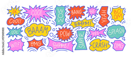 Funky speech bubbles with comic words and explosion bomb effect, splash, exclamation. Y2k style stickers, talk balloons with pow, boom, omg, baam, lol, cool, oops text. Colorful vector speech bubbles.