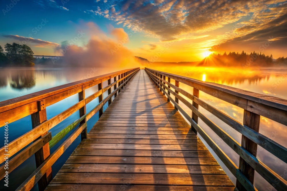 Fototapeta premium Sunrise Port Bridge, Wooden Bridge at Dawn, Idyllic Harbor Scene, Tranquil Waterfront, Morning Calm