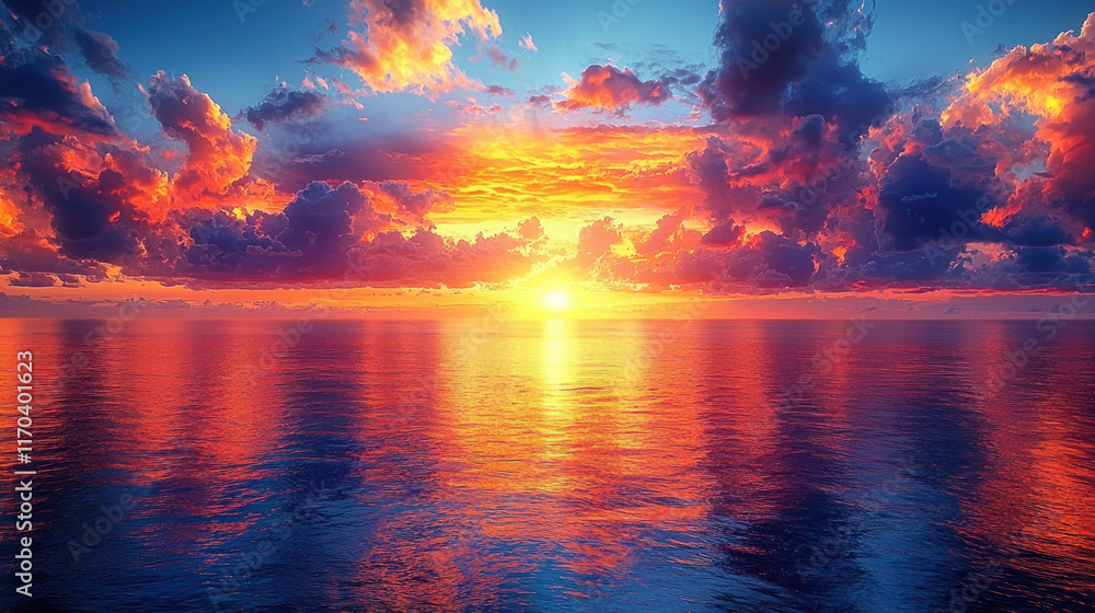 Vibrant sunset over calm ocean with colorful clouds reflecting in water.