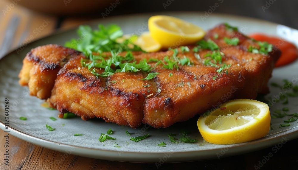 Crispy Schnitzel Plated with Lemon Slices and Fresh Herbs on a Rustic Table Crispy Schnitzel Plated with Lemon Slices and Fresh Herbs on a Rustic Table