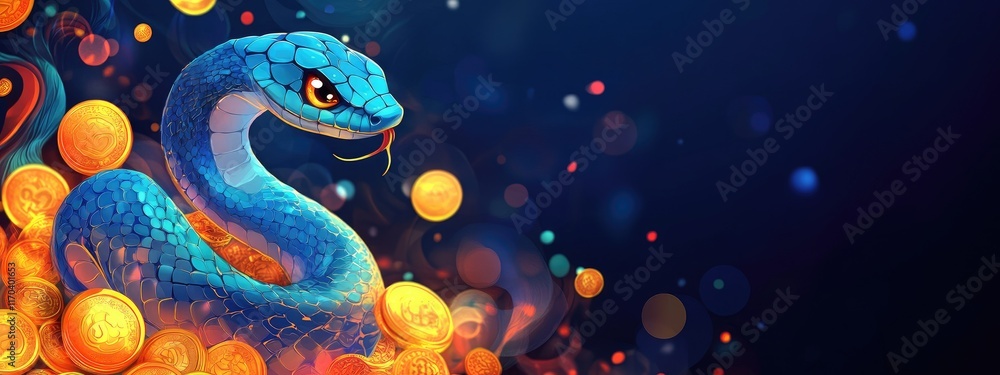 Photo of a blue snake with gold coins, Chinese New Year holiday banner or greeting card with a cute cartoon reptile symbolizing prosperity, happiness and Chinese traditions. Photo of a blue snake with gold coins, Chinese New Year holiday banner or greeting card with a cute cartoon reptile symbolizing prosperity, happiness and Chinese traditions.