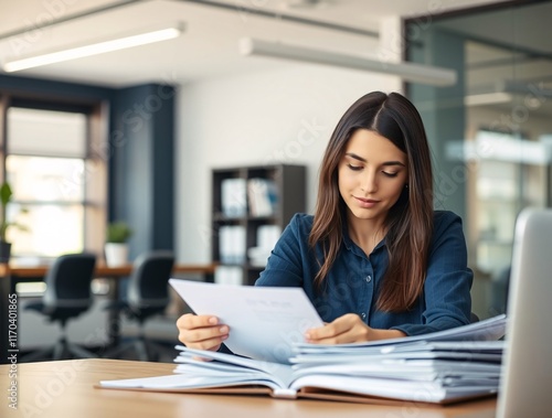 Free Download A young businesswoman with naturally light skin and brown hair organizing documents in a office - GFXLoad