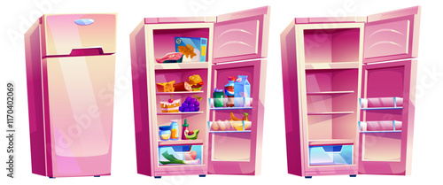 Kitchen fridges set isolated on white background. Vector cartoon illustration of open and closed, full and open refrigerators with fruit, vegetables, cheese, sausage, cake, eggs, milk, soda on shelves