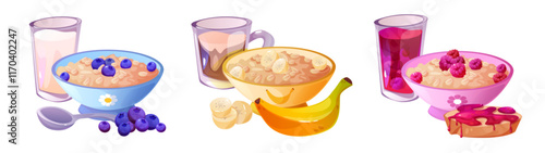 Cereal breakfasts set isolated on white background. Vector cartoon illustration of oatmeal bowls with blueberry, banana, raspberry, toast with jam, glass of milk, coffee or fruit beverage, menu icons