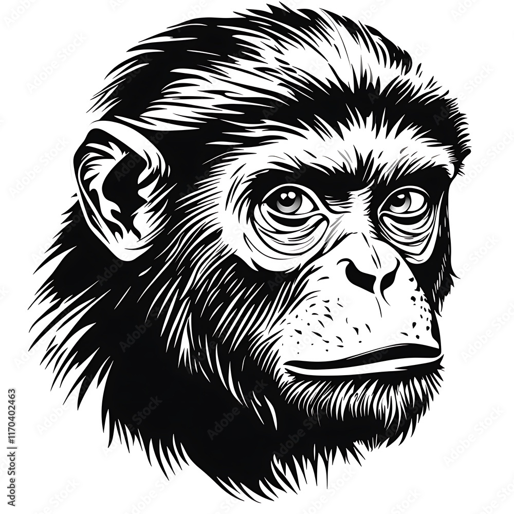 Stylized illustration of a monkey's head in black and white. Stylized illustration of a monkey's head in black and white.