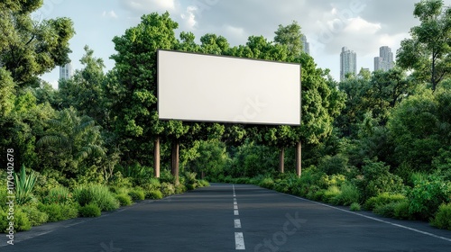 A Blank Billboard on a Scenic Road Surrounded by Lush Green Trees Under a Clear Blue Sky Capturing the Essence of Nature and Open Spaces