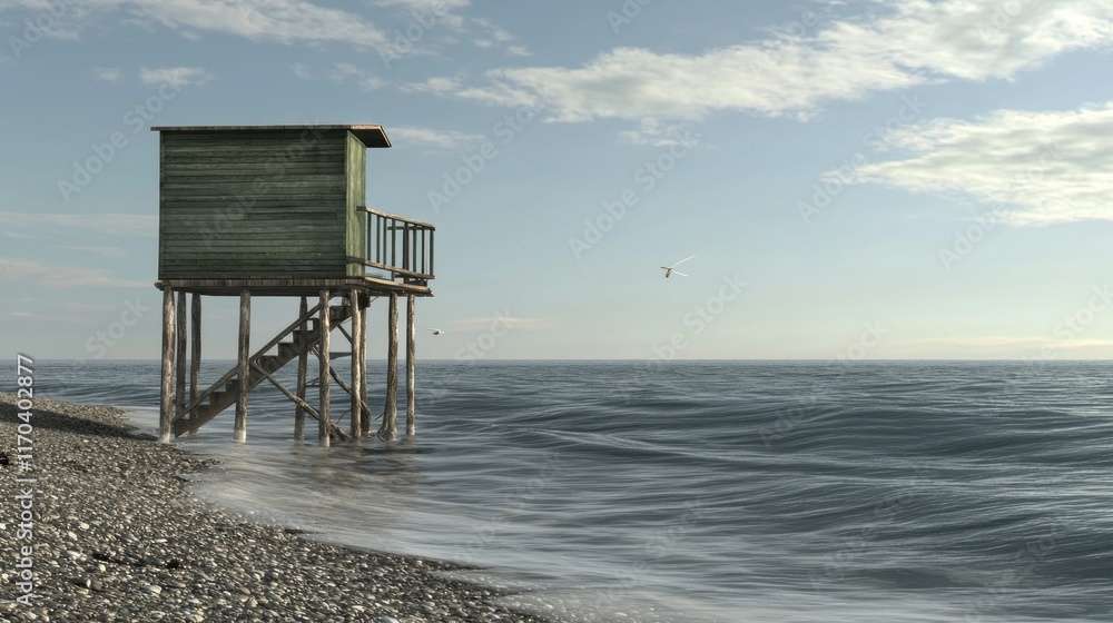 A solitary wooden structure by the shore, overlooking the ocean. A solitary wooden structure by the shore, overlooking the ocean.
