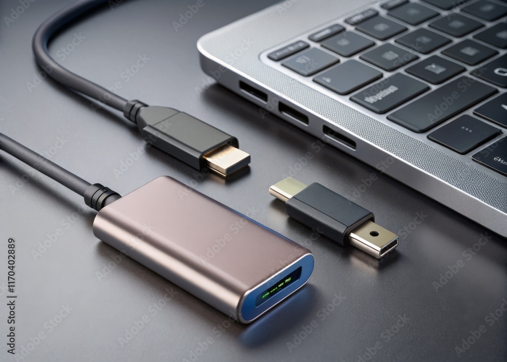 Fototapeta premium USB-C to USB Adapter: Connecting Older Devices to Modern Laptops on Gray Background