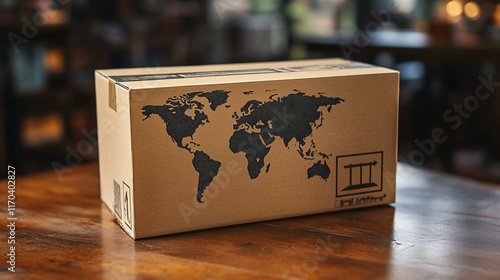 International delivery box on wooden table in cafe photo