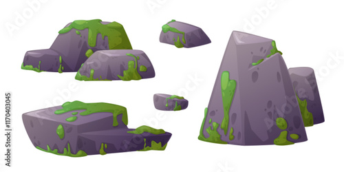 Moss covered stone blocks and swamp rocks set - grey boulders with green slime patches, mountain shaped formations, weathered surfaces and rough textures. Natural environment assets for game landscape