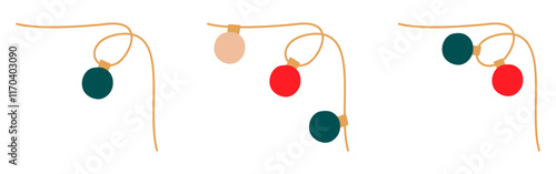 Christmas lights angular garland with colored circle bulbs set. Glowing Xmas festive string decoration hanging retro lamps lightbulb for holiday cards, banners, posters. Isolated vector illustration photo