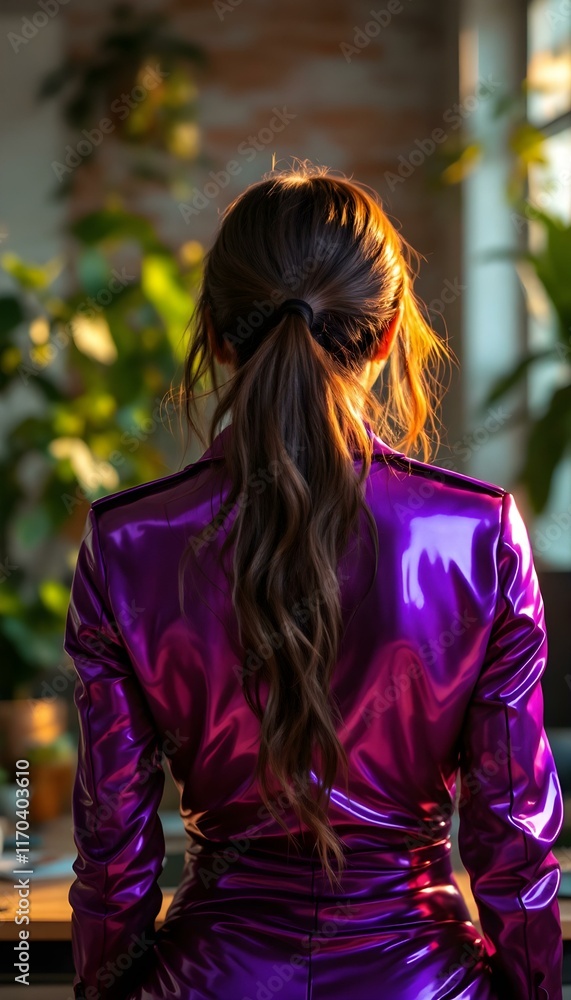 woman in latex purple suit